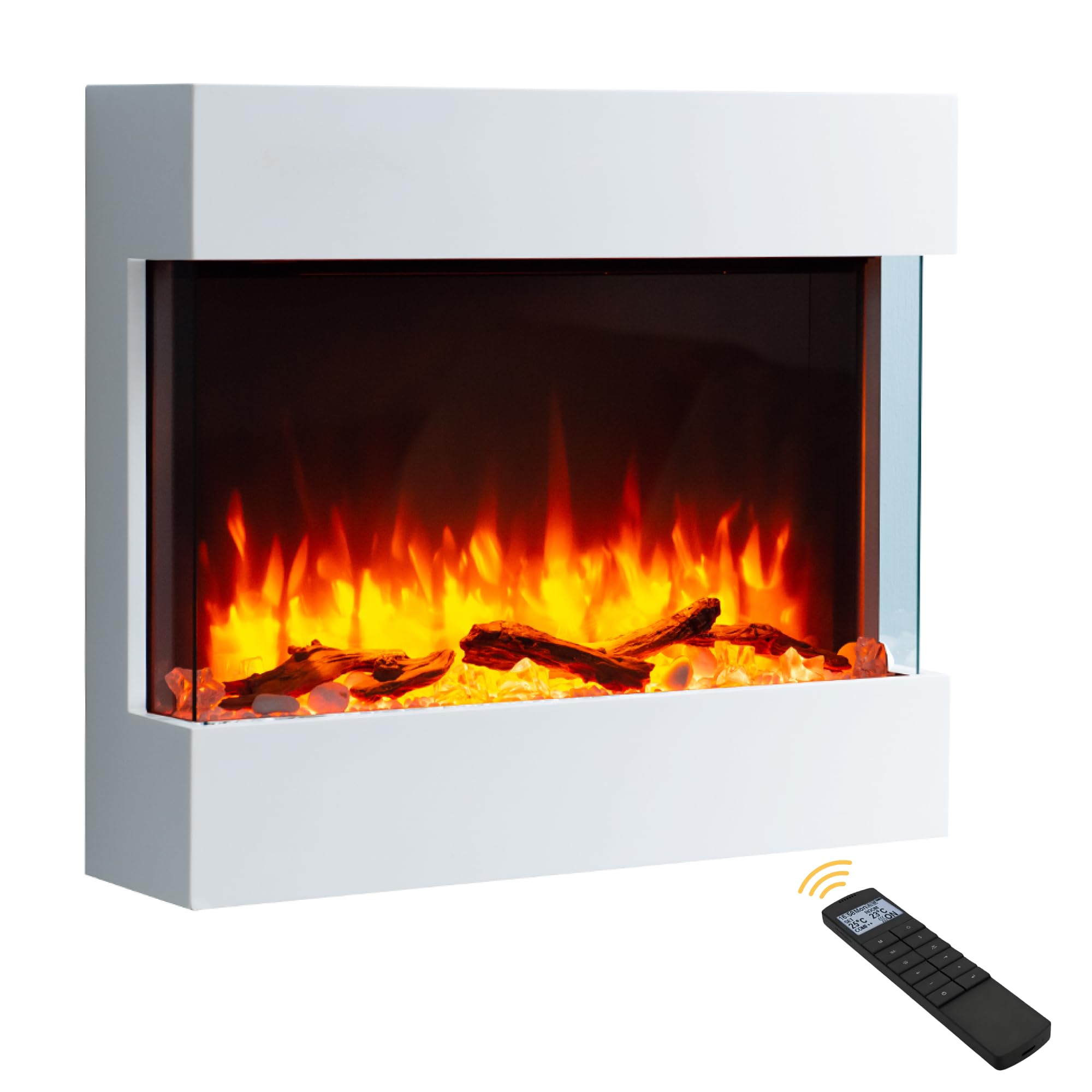 Endeavour Fires Haxby 30” Wall Mounted Electric Fireplace with Off-White Surround, 1 & 2kW Heater, Realistic Flame Effect, 7-Day Programmable Remote Control