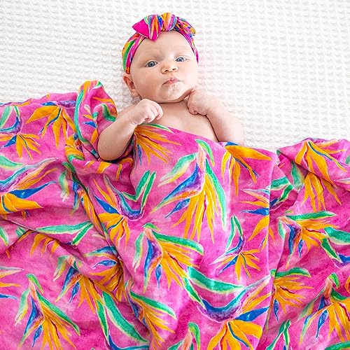 Image of Florida Kid Co. Bird of Paradise Baby Swaddle Blanket - 70% Viscose from Bamboo / 30% Cotton Muslin - Silky Soft, Breathable, Lightweight, Large - 47 in. x 47 in.
