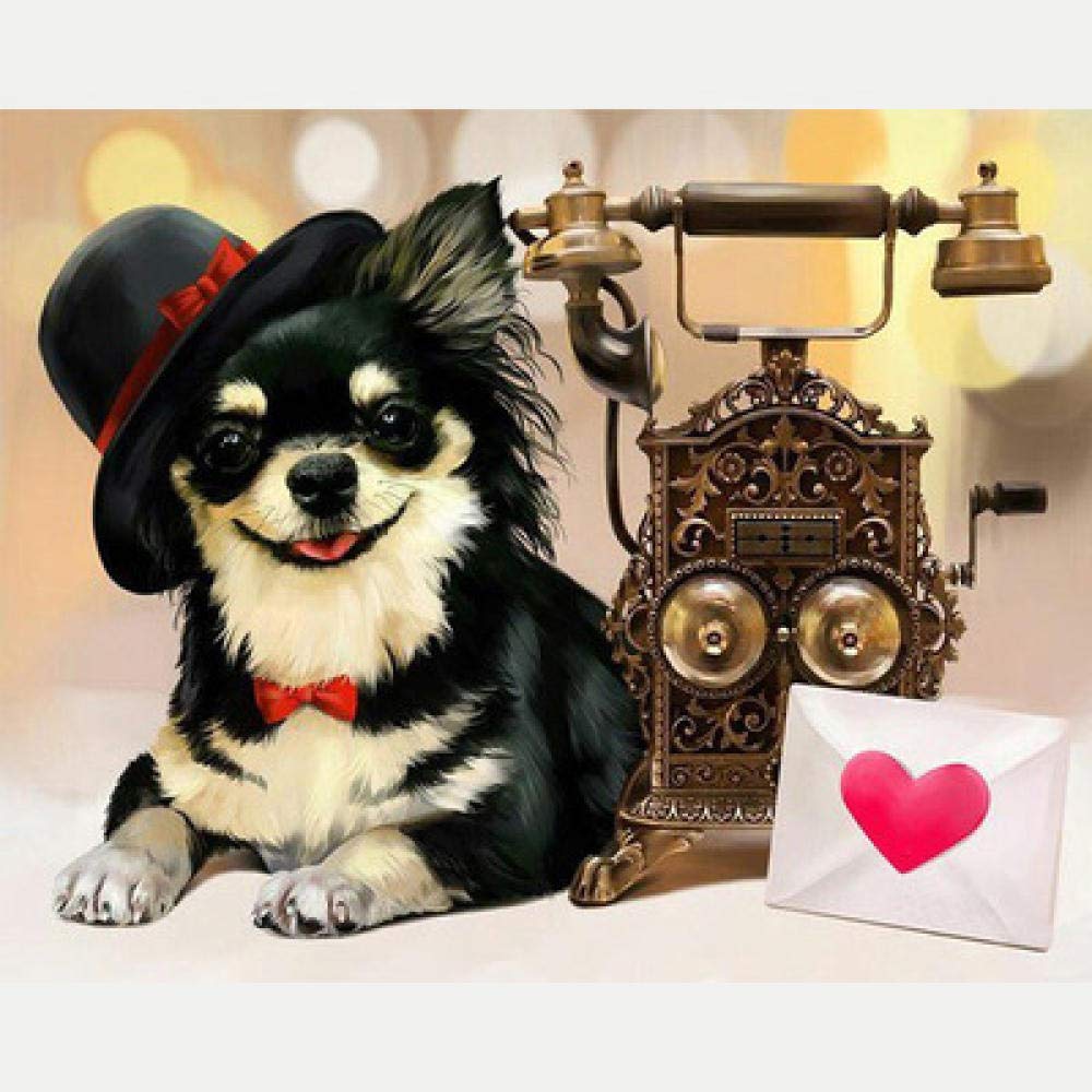 Broderie diamant téléphone rétro et chien pour décorer votre salon de strass