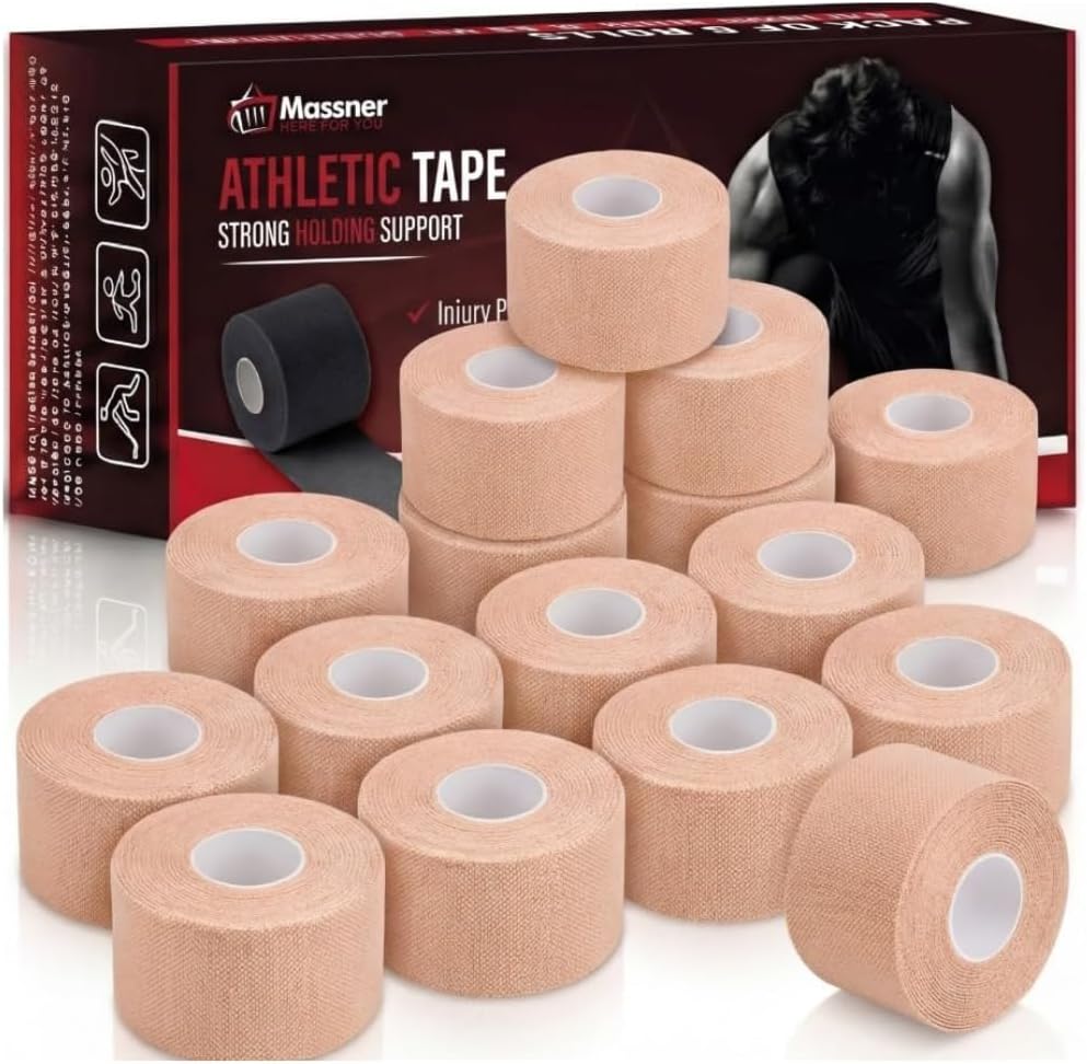 Massner Athletic Tape Tan 1.5" x 45ft Per Roll (720ft Total) Pack of 16 – Strong Sports Tape for Wrists, Ankle & Hands – Latex-Free Gym Tape for Training, Football, Running & Weightlifting Recovery