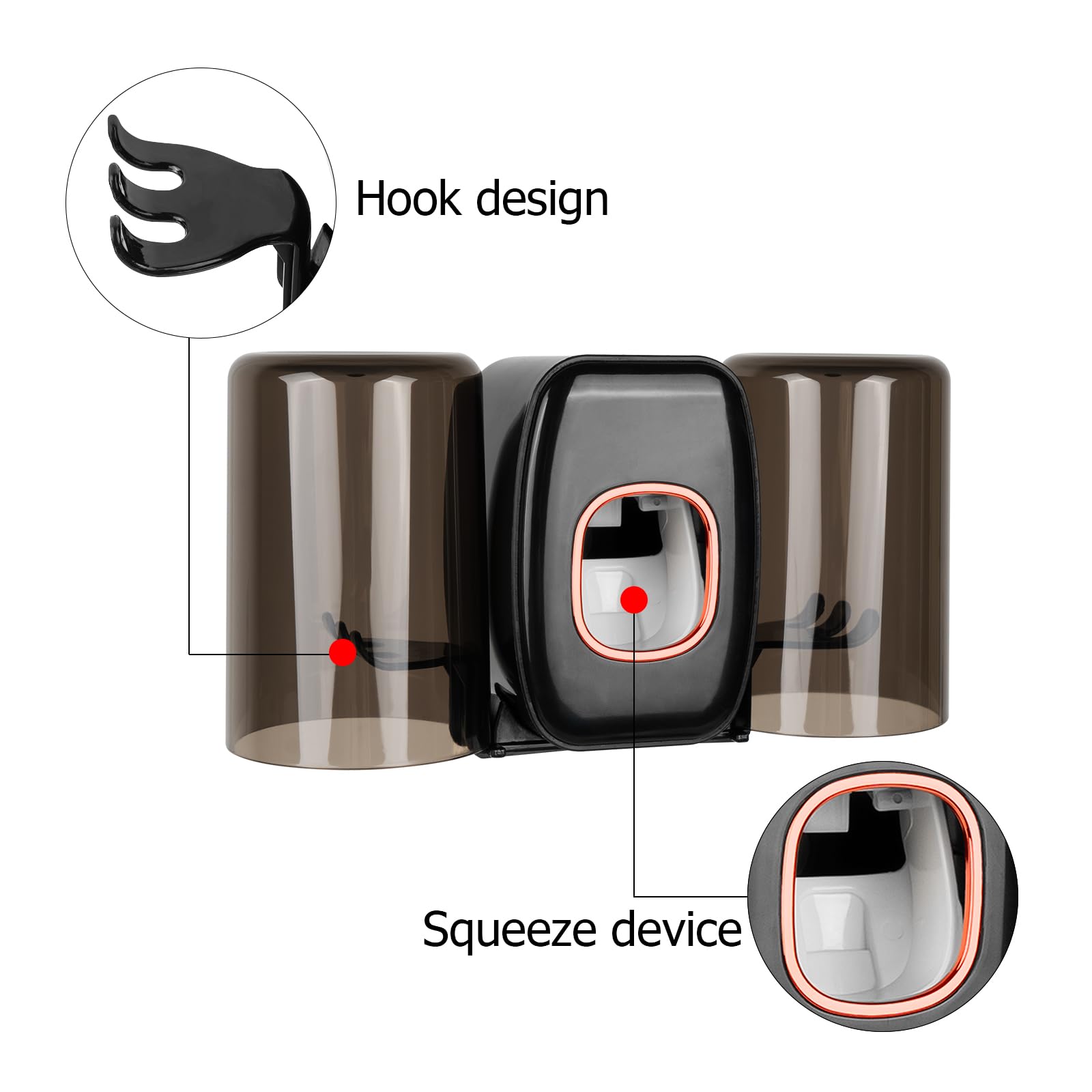 LUEXBOX Soporte para cepillo de dientes con 4 ranuras para montaje en pared con funda, organizador de almacenamiento autoadhesivo para ducha, colgador de cepillos de dientes con 2 tazas de enjuague