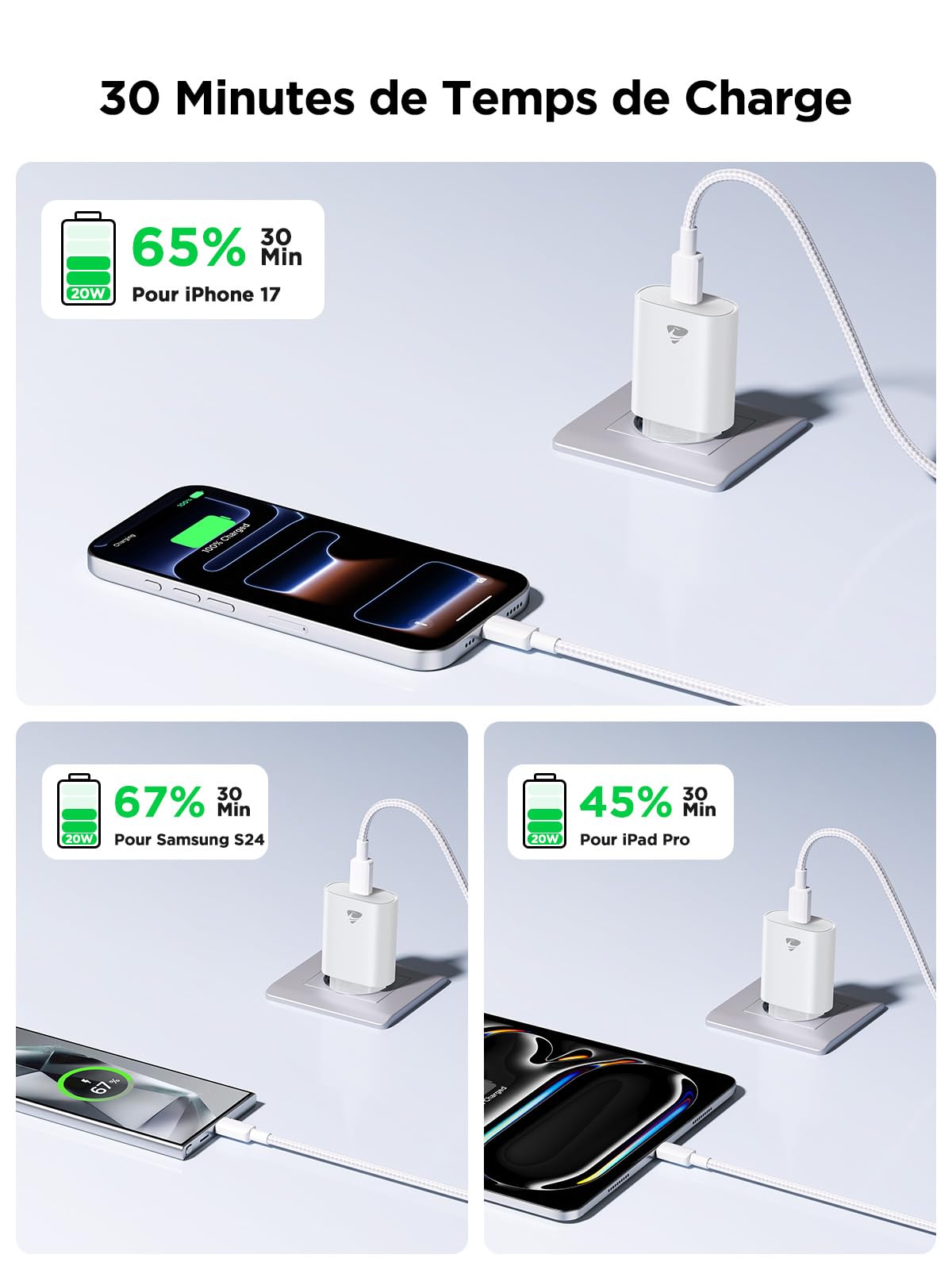 Chargeur USB C Rapide pour iPhone 17/16/15,Prise Adaptateur USB C Chargeur Rapide avec 2m Câble USBC,Compatible iPhone 17/17 Air,16e,16/15 Plus,17/16/15 Pro, Pro Max, Pad, Adaptateur Secteur