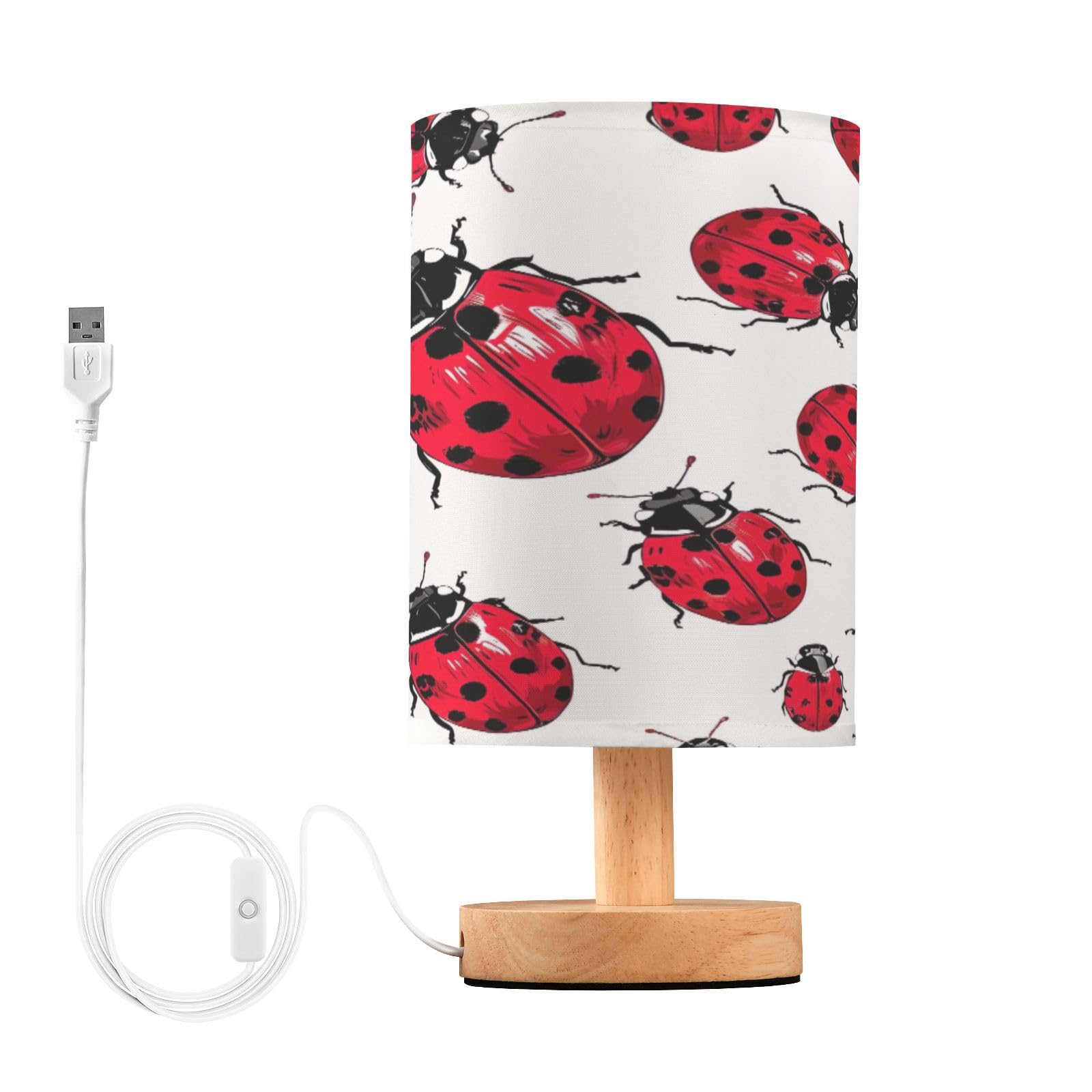 SDMKA Lady Bug Pattern Bedside Table Lamp for Bedroom, Minimalist Nightstand Lamp with Round Fabric Shade for Living Room, Office, No Bulb Required