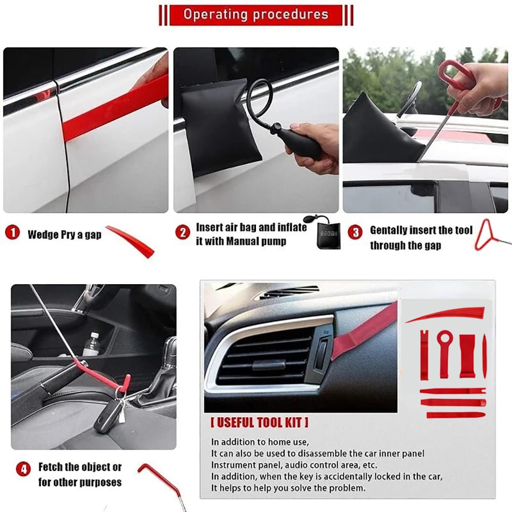 kit de emergencia para Coche, Kit de desbloqueo de Puerta de Coche,Herramienta de Desmontaje de Coche,20 pcs con mango largo, bomba de cuña de aire, cuña sin dejar rastro, para emergencias