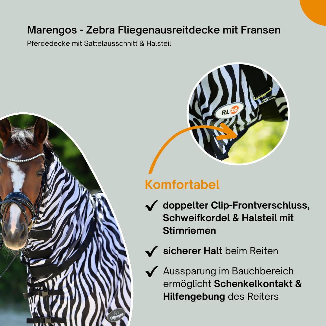 Marengos Zebra Fliegenausreitdecke mit Fransen Pferdedecke Sattelausschnitt Halsteil Insektenschutz feinmaschig Fliegendecke Outdoor Schwarz/Weiß 155 cm