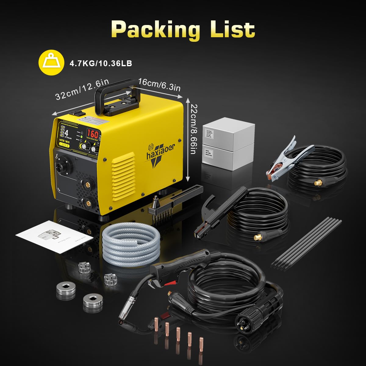 HAXIAOER 160A Schutzgas Schweissgerät MIG MAG, 4-in-1 Fülldraht Schweißgerät mit Fülldraht (FCAW)/MAG/MMA E-Hand/Lift TIG, Synergischem Drahtvorschub, IGBT, Fülldraht, Stahl Schweißdraht