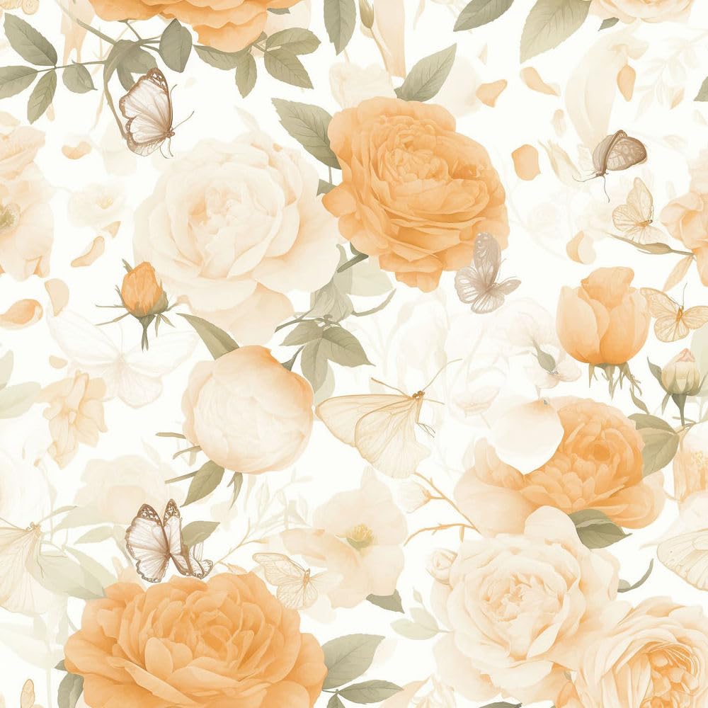 Removable wallpaper Boho Roses Floral Stick on wallpaper Butterfly Orange Blue Yellow Flowers Vinyl Wrap Roll for Furniture Removable Waterproof Renter Friendly Contact Paper Living Room Bedroom