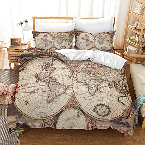 REALIN World Map Duvet Cover Set 3D Bedding Warp and Weft Net Geography Bed Sets 2/3/4PCS Quilt Covers/Sheets/Pillow Shams,Twin/Full/Queen/King (Full-200x229cm-3PCS,E)