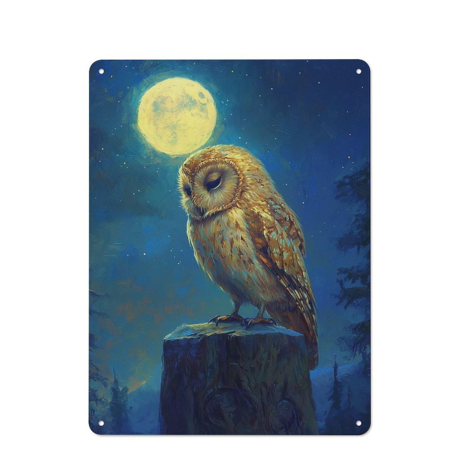 Junmoney Owl Under Moonlight 40X30cm Retro Metal Plaque With For Kitchen Or Home Bar, For Garage, Workshop And Man Cave Decoration