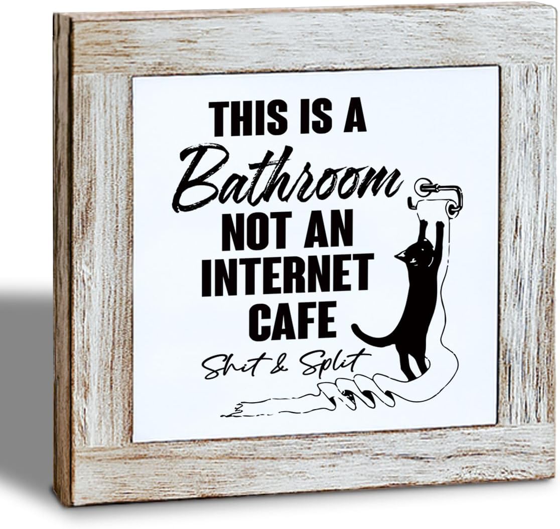 Bathroom Wooden Box Sign, This Is A Bathroom Not an Internet Cafe, Funny Toilet Decor Sign, Rustic Farmhouse Restrooms Wood Signs, Square Wood Block Signs Table Decor 5.9×5.9 inch