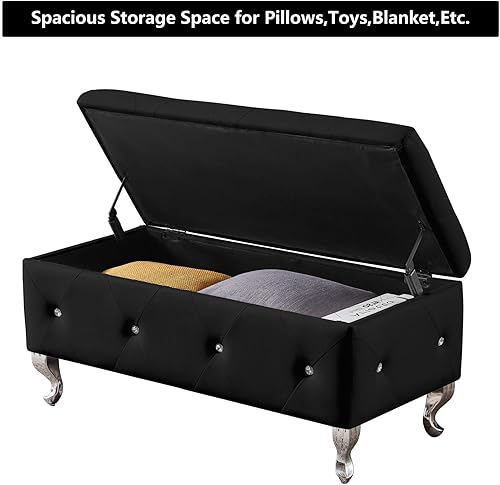 Miniatura 5 de Betoko Banco de almacenamiento de poliuretano de 38.9 pulgadas, banco otomano de piel sintética con botón de almacenamiento copetudo, bancos de