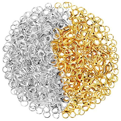 400PCS Jewelry Clasps with Open Jump Rings, Lobster Claw Clasps Silver & Gold Bracelet Necklace Clasps for DIY Jewelry Making, 12mmX7mm