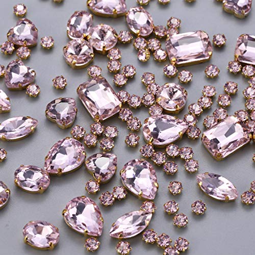 130 pcs (30 Regular +100 Small) Mixed Sew on Rhinestone Claw Crystal Rhinestones for DIY Craft, Jewelry Making,Clothing Accessory (Copper, Gold Claw - Pink)