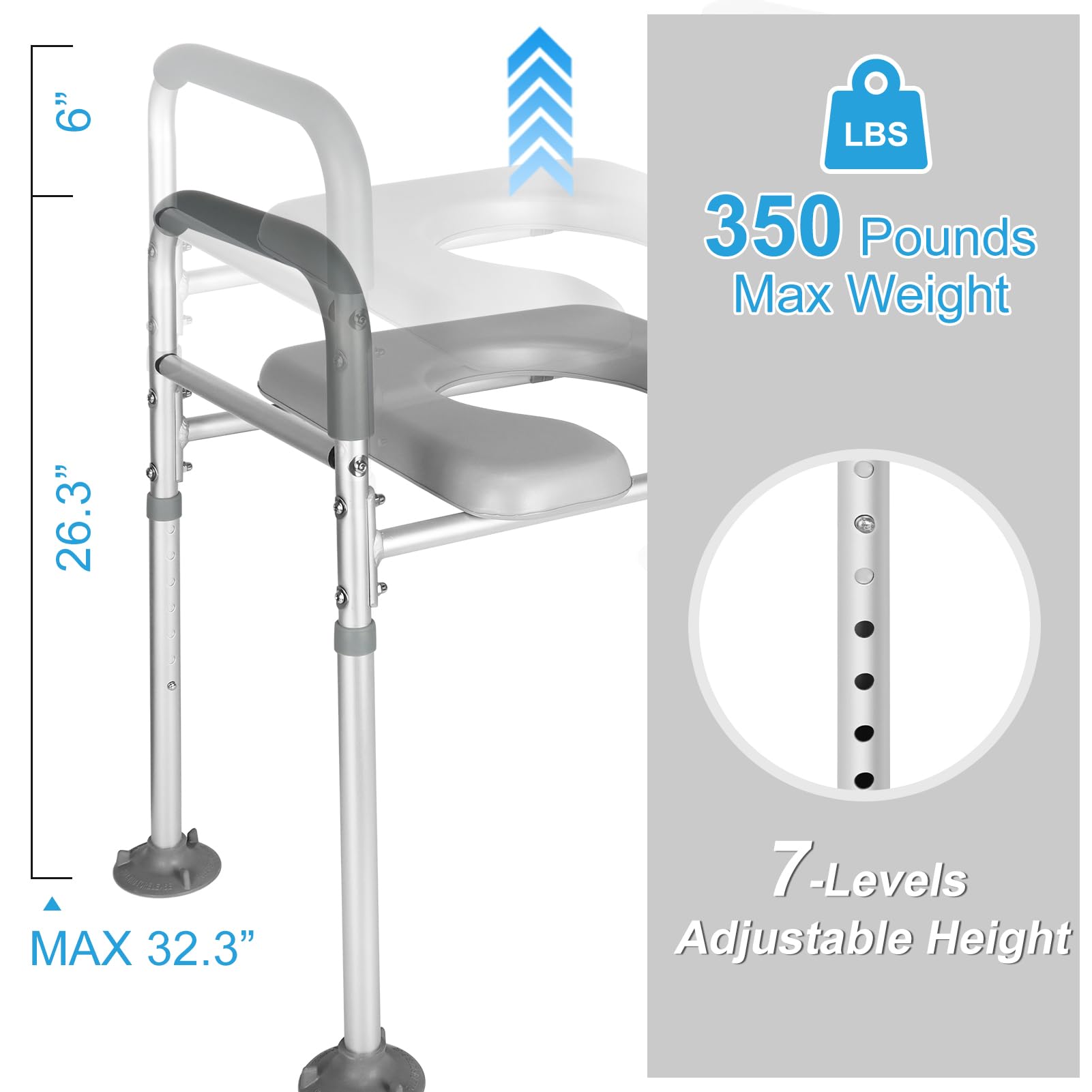 Raised Toilet Seat with Handle, 350lbs 7 Adjustable Height Elevated Toilet Seat Riser with Cozy Padded, Toilet Safety Frame Toilet Helper for Seniors, Handicap, Pregnant, Fit Any Toilet