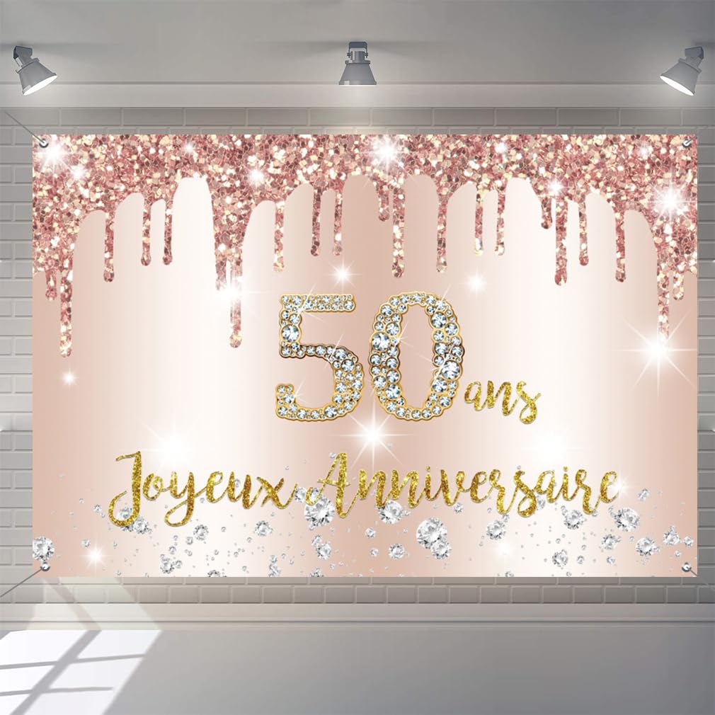 Bannière Joyeux 50 Ans Anniversaire - 150x90 Cm - Rose, Paillettes - Décoration Fête Femme