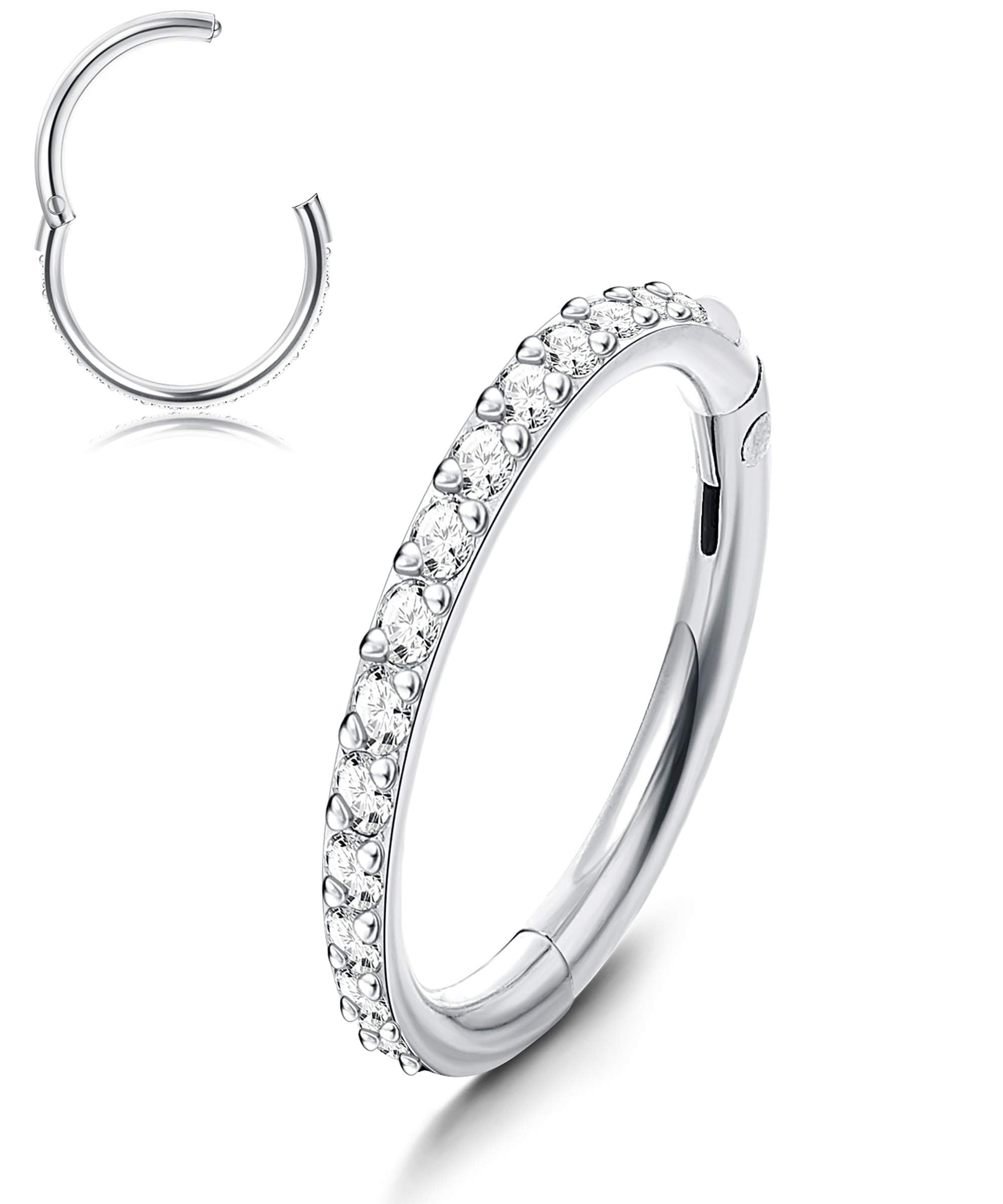 MILACOLATO1Pc Plata Piecing Nariz Aros Titanio 16G 18G 20G Segmento Septum Anillos CZ Pavimentado Helix Cartílago Pendientes Conch Daith Tragus Lobe Oreja Piercing Joyas para Mujer Hombre 6/8/10mm