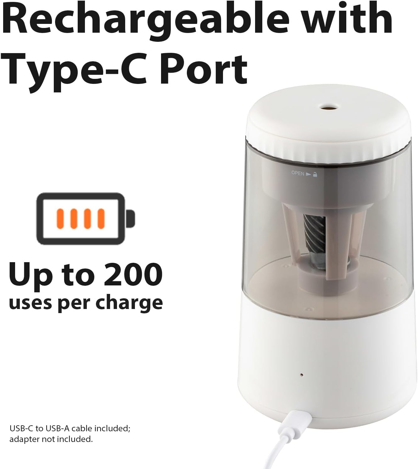 SUNZO Electric Pencil Sharpener, Fully Automatic Sharpener with Auto in & Out, Rechargeable Battery Powered Sharpener for Colored Pencils, Heavy Duty Sharpener for Kids Classroom Office Home (White)