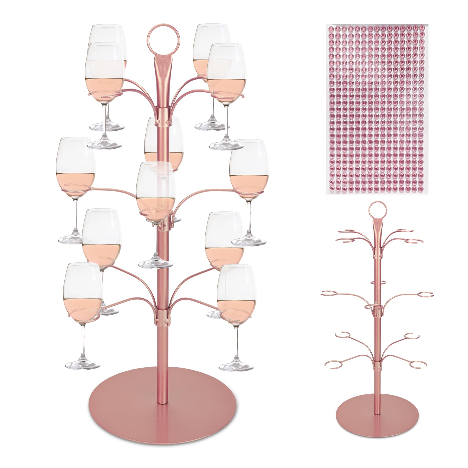 Kawlity Cocktail Tree Stand for Party, Metal Drink Tower with 3 Tier 12 Holders, Bar Drinks Tree Display Wine Glasses Holder Suitable for Champagne Cocktails Martini at Christmas Weddings (Rose Gold)