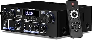 2 Canales Amplificador, 1000W Audio Estéreo, Bluetooth 5.3 Mini Hi-Fi Amp, para Dos 50W x2 Altavoces de Unas 8 Pulgadas, Bass/Treble/AUX/FM/Mic/USB, para TV, para el hogar o tu Coche