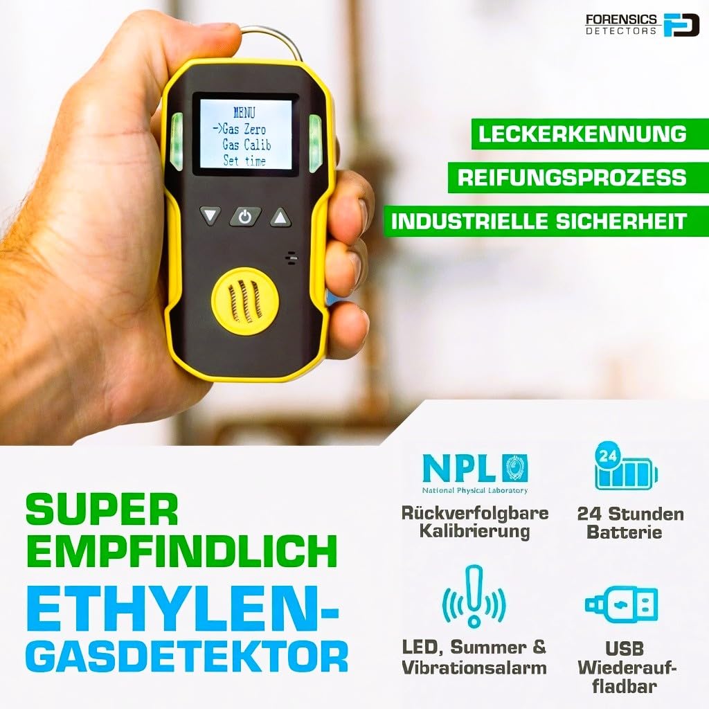 Ethylen-Gasdetektor (C2H4) | EU-Kalibrierzertifikat | USB-Aufladung | Akustische, Optische und Vibrationsalarme | 0–100 ppm C2H4