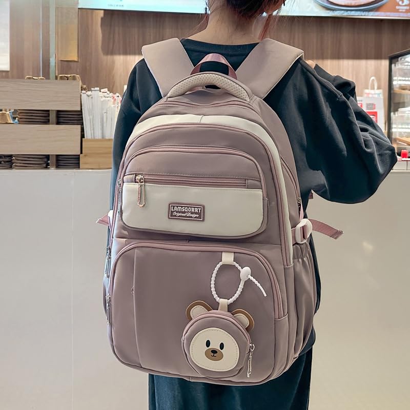 Multi-Pocket Laptop Backpack Large Capacity Work & Travel Suitcase Strap & Bear Charm, Gift for Friend (light purple)2