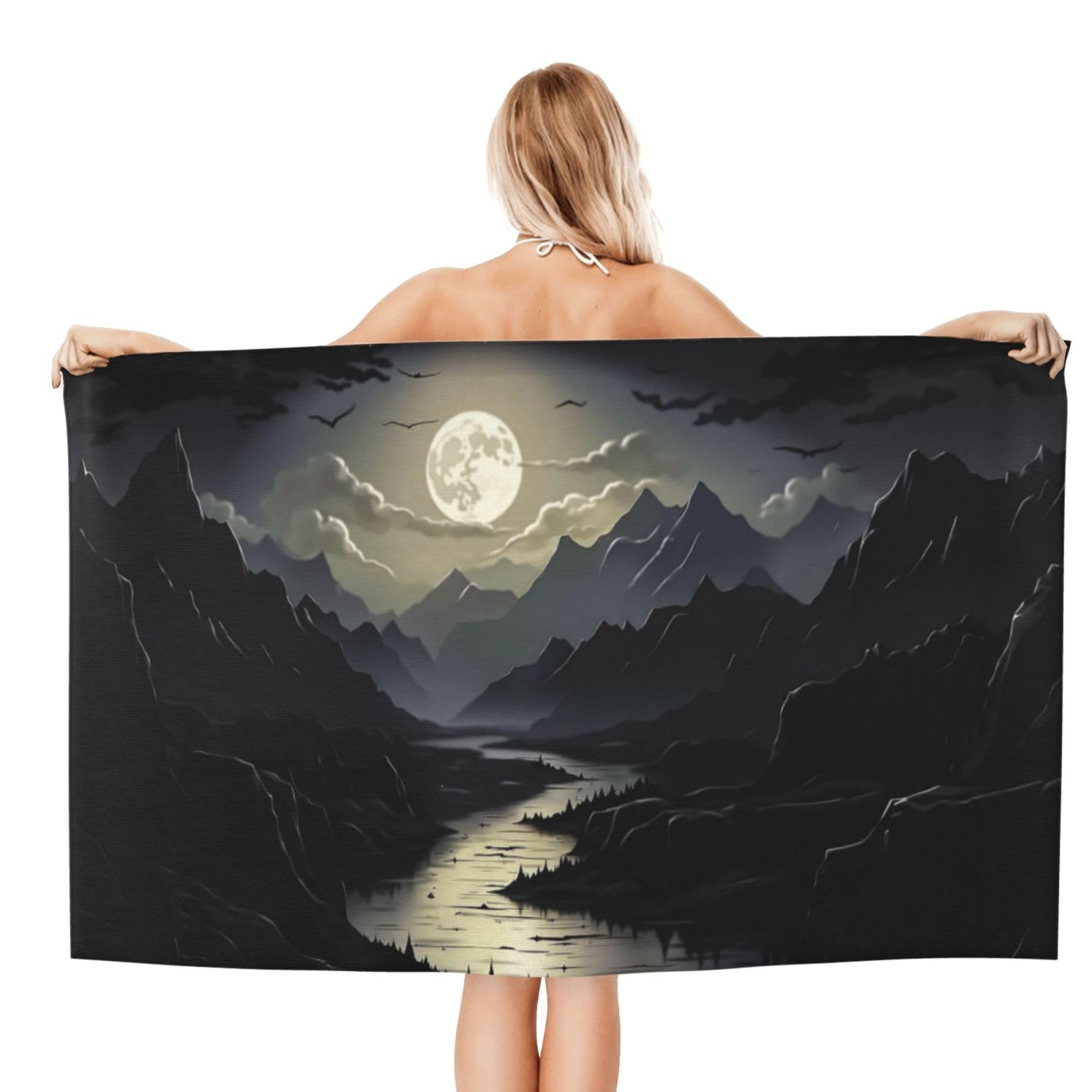 Anceky Beach Towel for Women, Moonlit Mountain Landscape Sand-Free Microfiber Ultra Soft Lightweight Bath Towels for Outdoor Bathroom Swimming 32"X52"