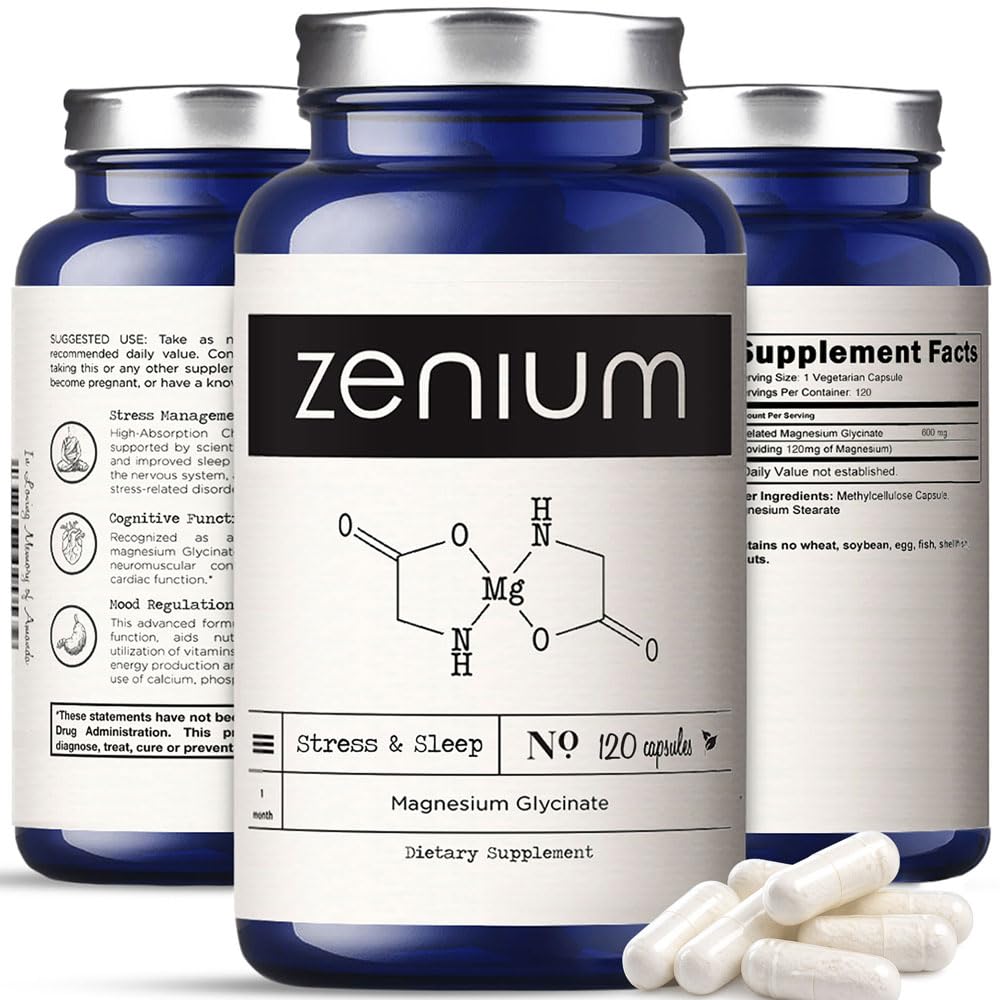 - Zenium - Magnesium Glycinate for Sleep, Chelated, 600mg per Serving, 120 Capsules | High Absorption | Relieve Stress, Tension, Worry & Irritability | Calm Mind & Body | Ayurvedic | Natural Supplement