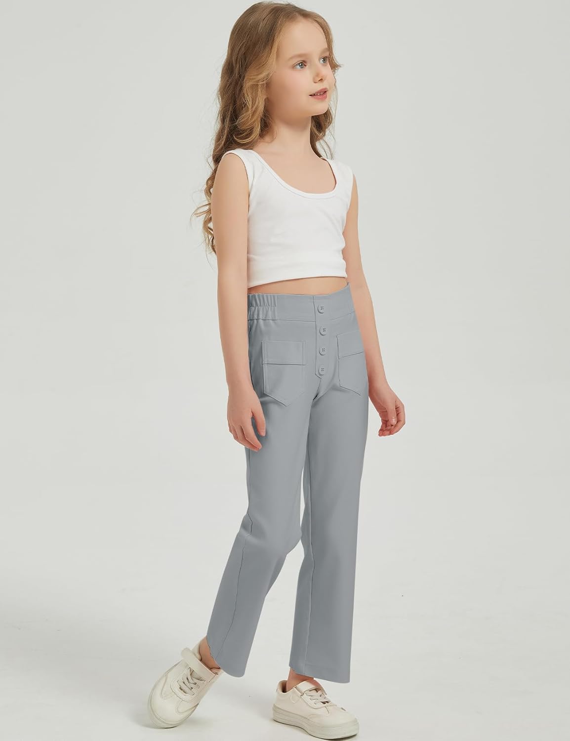 Flygo Girls Flare Yoga Pants Kids High Waisted Multiple Pockets Bell Bottoms Button Bootcut Stretchy Pants - Image 4