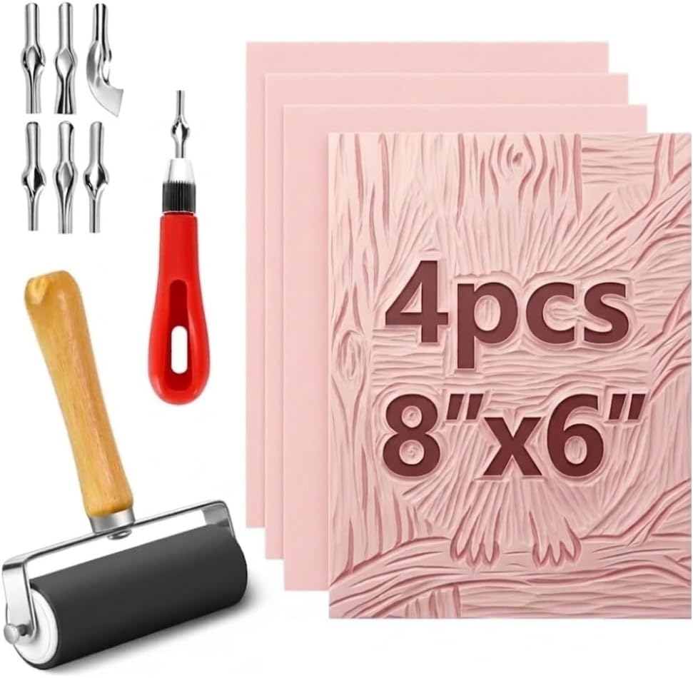 4 Pack Pink Rubber Stamp Carving Blocks 8"x6" (0.8cm Thick) with Tools Kit - Soft Linoleum Blocks for DIY Craft Projects, Stamp Making Supplies for Artists & Beginners