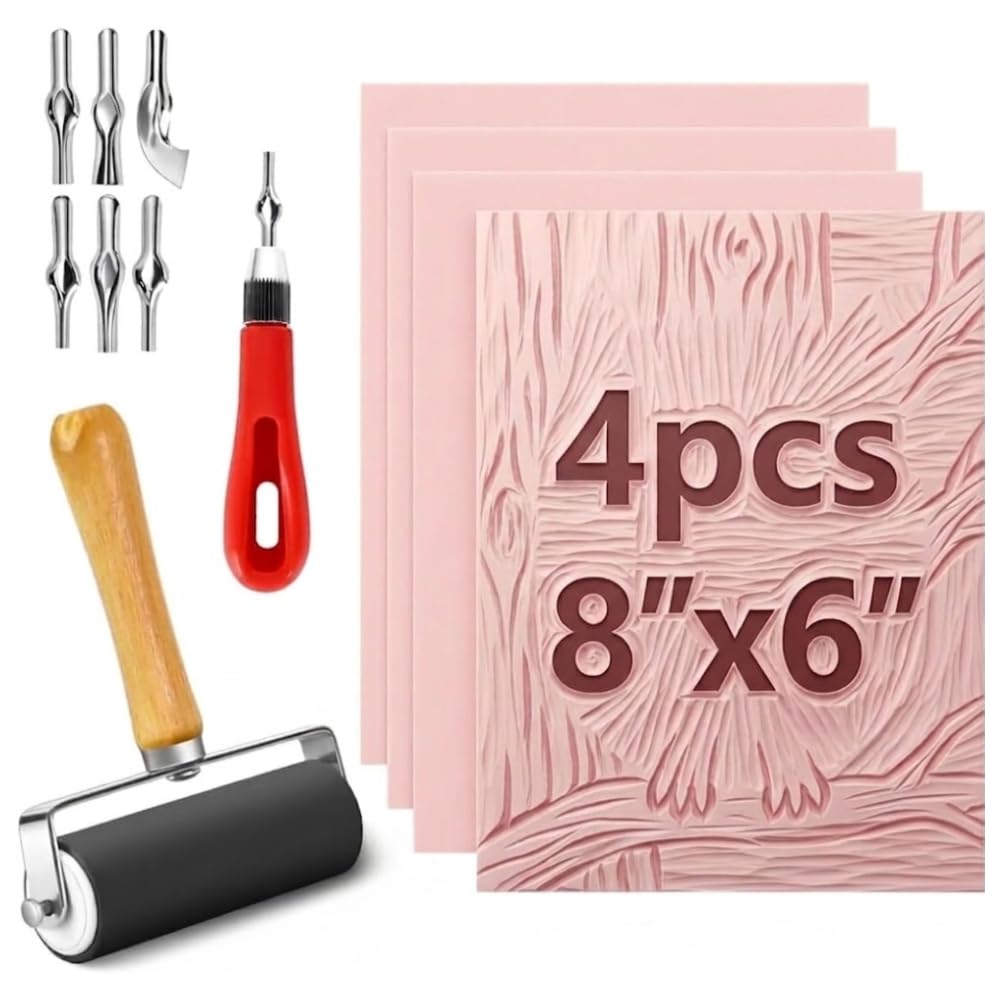6 Pack Linocut Kit for Printmaking, 4 Pcs Rubber Stamp Carving Blocks