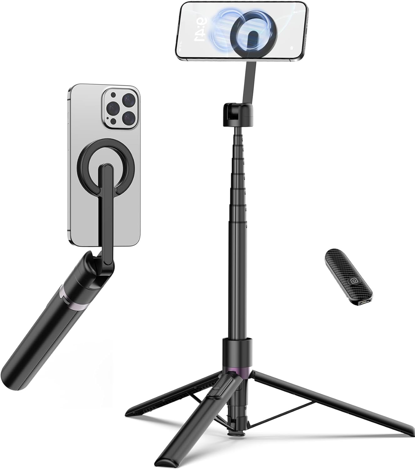 68″ Magnetic Selfie Stick Tripod with Rechargeable Detachable Remote for Magsafe, Portable Small Extendable Phone Stand Tripods with Metal Ring, 360° Rotation for Vlog/Live Stream/Travel/Black 68″ Magnetic Selfie Stick Tripod with Rechargeable Detachable Remote for Magsafe, Portable Small Extendable Phone Stand Tripods with Metal Ring, 360° Rotation for Vlog/Live Stream/Travel/Black