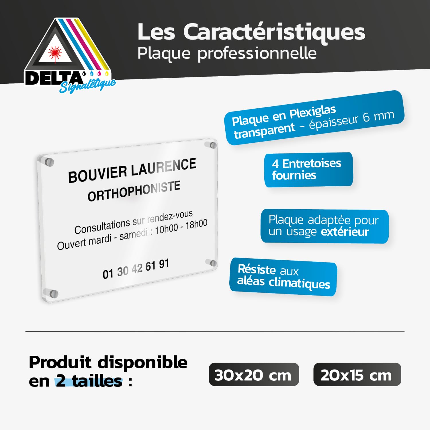 Plaque professionnelle transparente en Plexiglas à personnaliser avec entretoises - format 30x20 cm