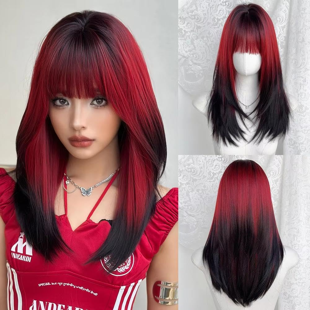 Haarpflege Schulterlange Gerade Schwarze Ombre Rot Perücke Für Damen Geschichtete Wear and Go Perücken Mit Dunklem Ansatz