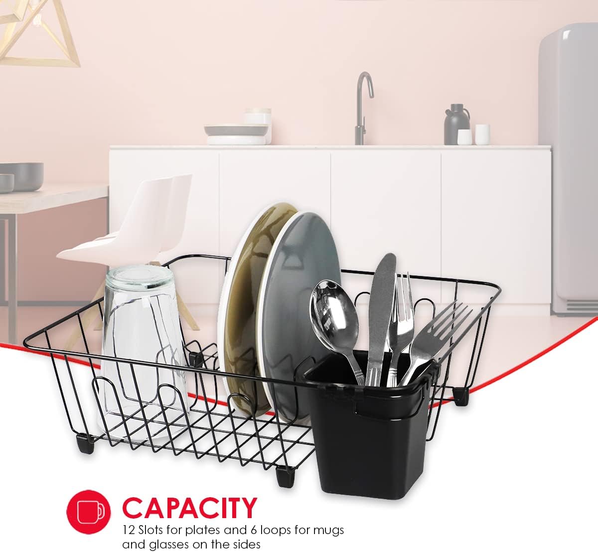 Home Basics Vinyl Coated Wire Dish Rack with Utensil Holder | Neutral Colors | Match Any Kitchen Decor | Slots for Plates | Loops for Mugs & Glass (Small Black)