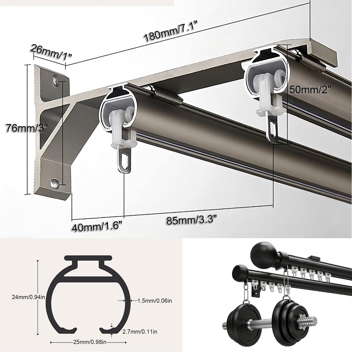 Cichy aluminiowy karnisz, ścianka działowa, do montażu na ścianie, prowadnica przesuwna z dźwiękoszczelnymi paskami, 0,5-8 m, regulowana szyna rzymska do biura i sypialni, szampański, 470 cm