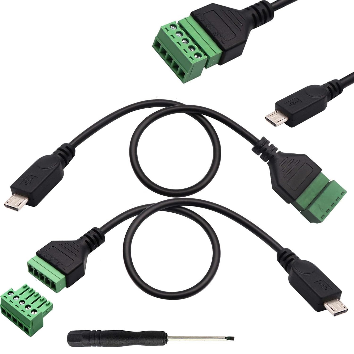 RUNCCI-YUN 2 Stück Micro USB Terminalstecker männliches Kabel, Lötfrei Micro USB auf 5-poliges Schraubklemmenblock