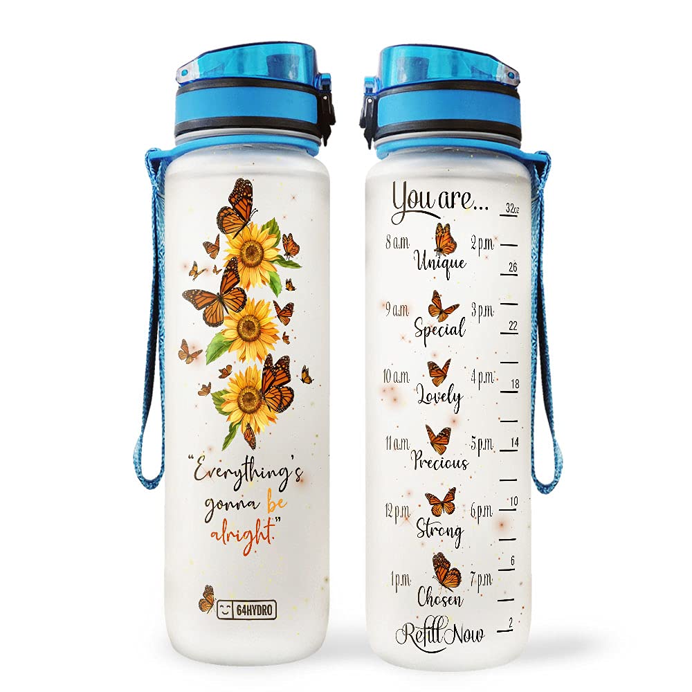 64HYDRO 32oz 1Liter Motivational Water Bottle with Time Marker & Removable Strainer, Sunflower Butterfly Gifts for Women, Inspirational Gifts for Mom Daughter Sister Friends, Water Tracker Bottles