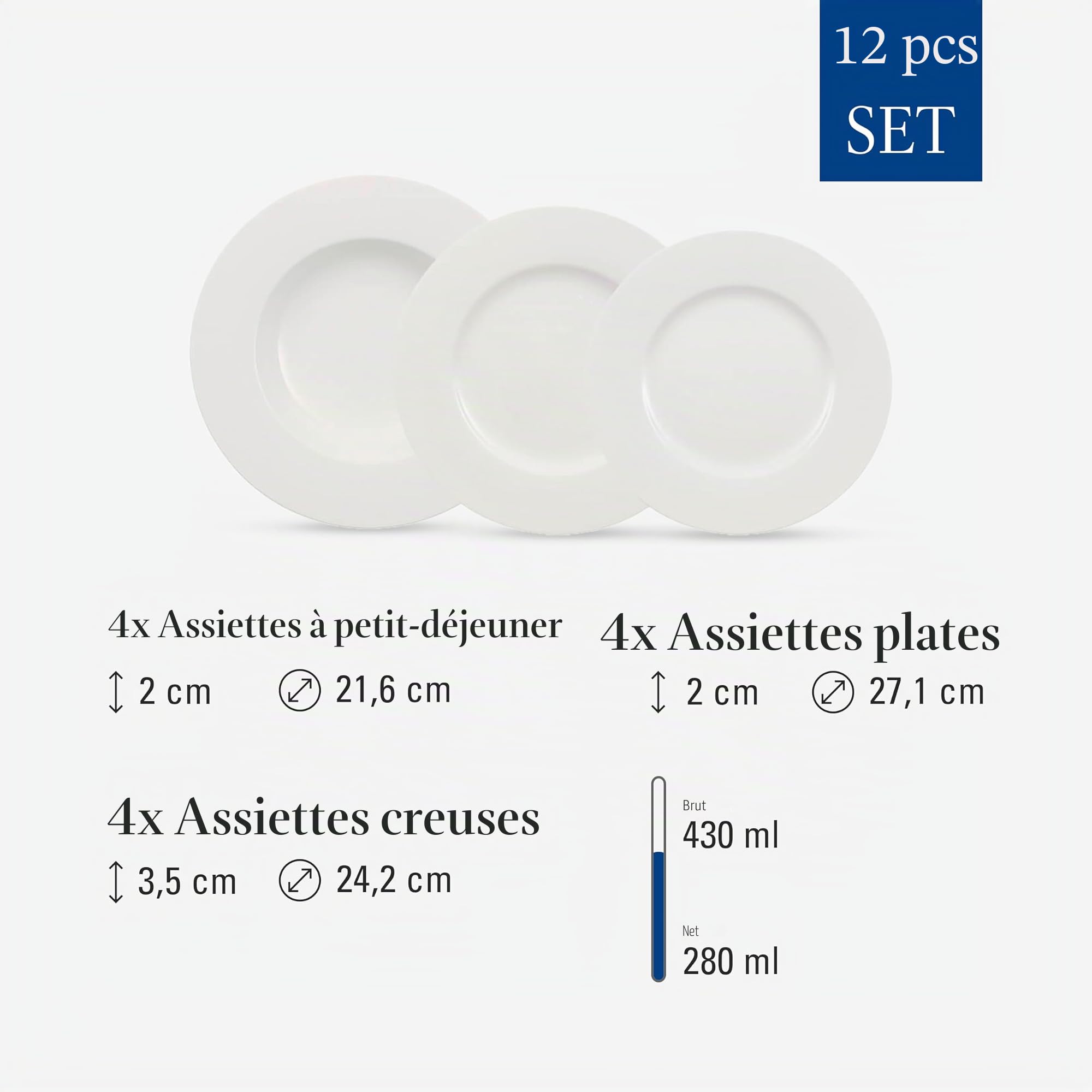 Villeroy & Boch - Wonderful World White Set de Dîner 12 Pièces Blanc, Garanti Lave-Vaisselle, Compatible Micro-Ondes, Ensemble de Vaisselle, Assiettes Service de Table, Porcelaine Haut de Gamme