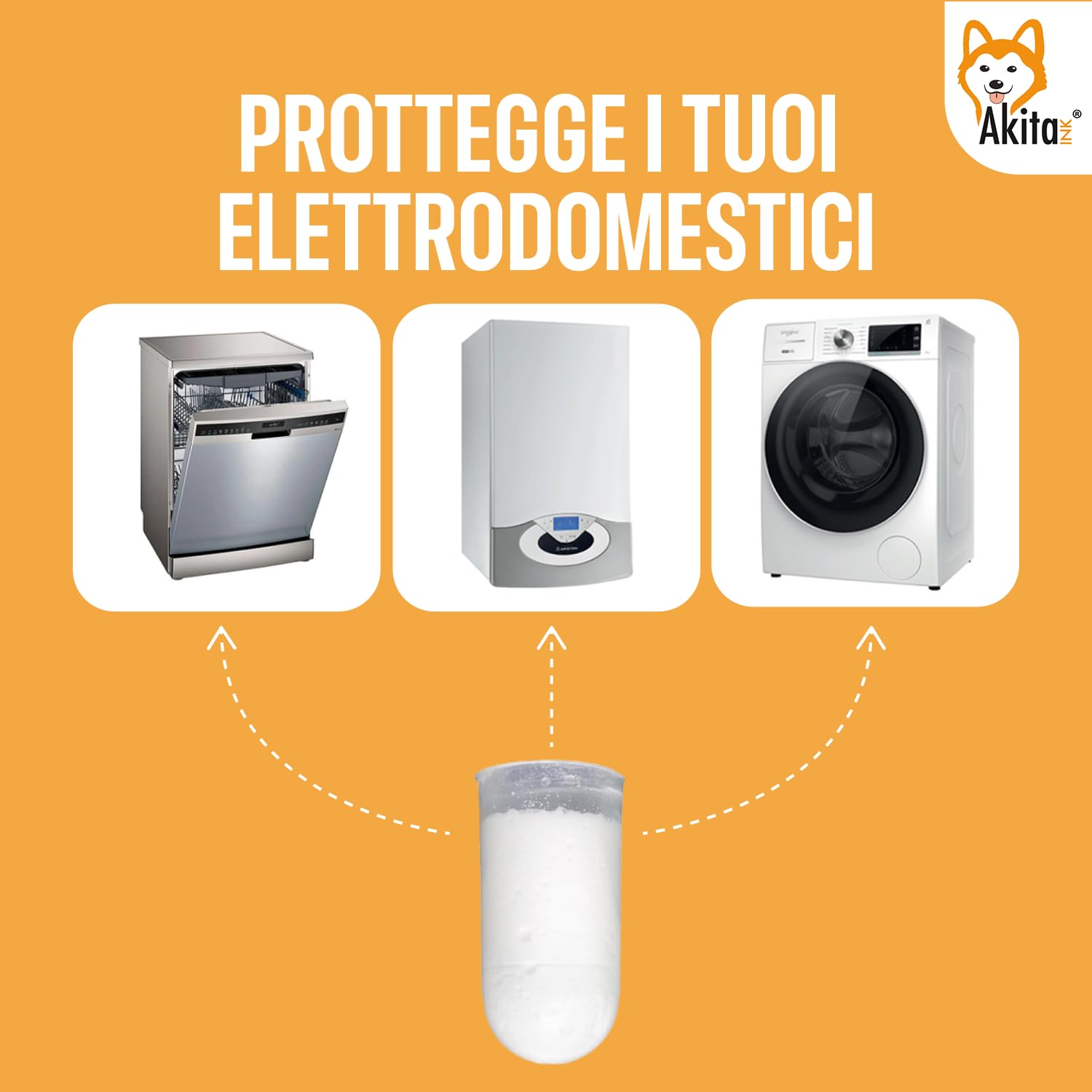 Akitaink Cartucce Anticalcare Universali per Caldaia – Ricarica con Polifosfati Concentrati, Lunga Durata – Lavatrice, Lavastoviglie ed Elettrodomestici – Confezione da 12