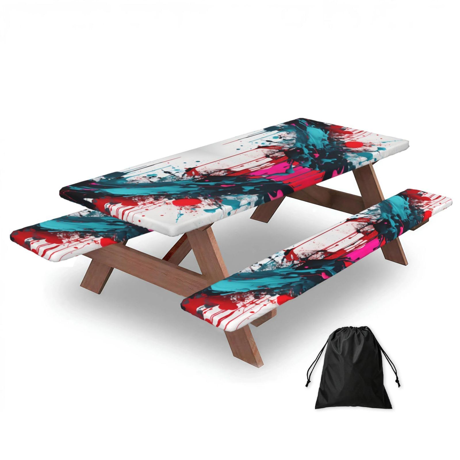 Zyjhyy Black Abstract Paint Splashes Print 3 Pack Wipeable Picnic Bench Cover And Table Cover Lightweight Table Cloth For Camping Outdoor