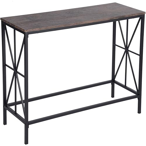FurnitureR Console Table Entryway Living Room Hallway Study Writing Desk with Metal X-Frame, Walnut Brown Wood Top Vintage Design