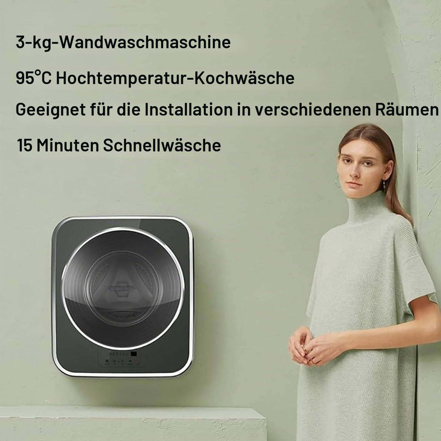 3 kg Wandmontierter Mini-Waschtrockner mit Fronttrommel, vollautomatisch, Hochgeschwindigkeitsschleuder, verschiedene Waschprogramme, LED-Touchpanel, intelligenter Absturzschutz, fürs Badezimmer