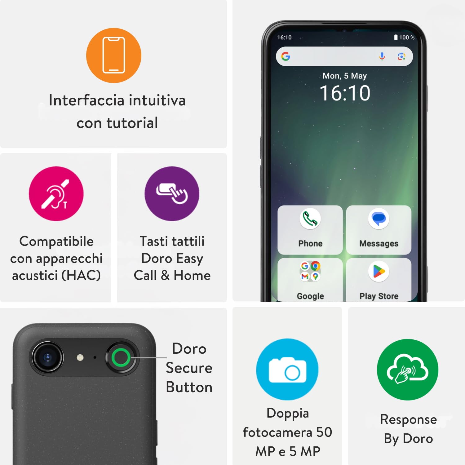 Doro Aurora A30 Smartphone Anziani con WhatsApp, Display Grande 6.1", Facile da Usare, Tasto SOS con GPS, Compatibile Apparecchi Acustici, Grafite