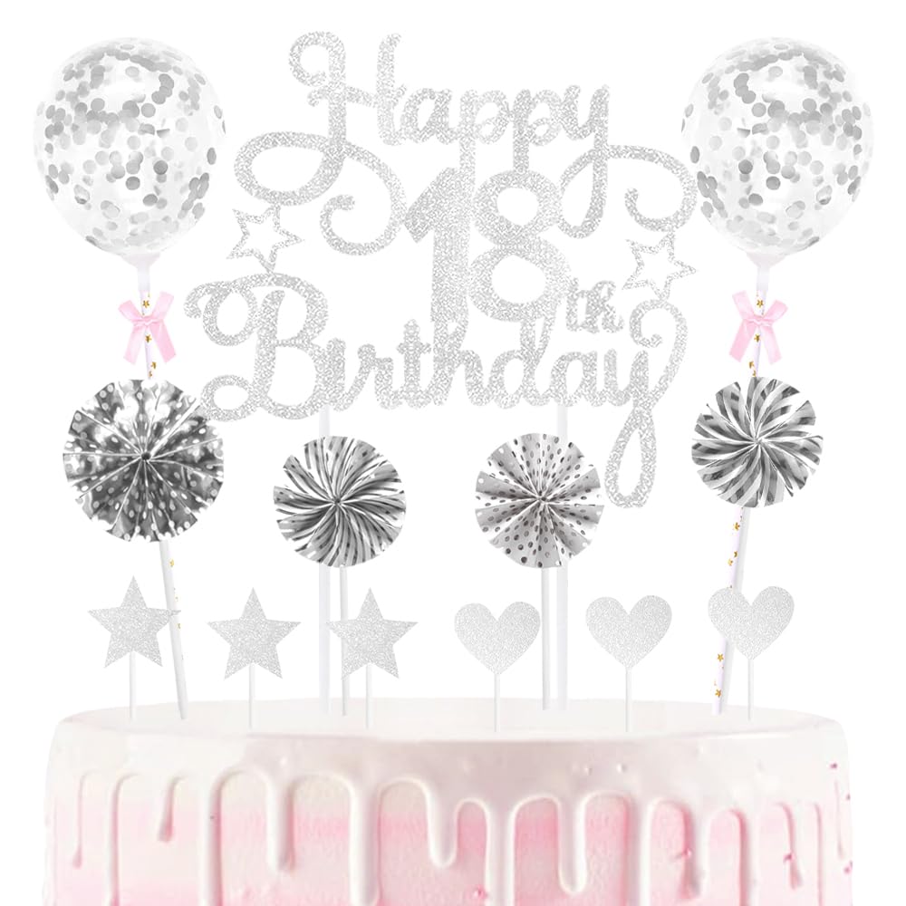 18th Cake Decorations Happy Birthday Cake Picks Heart Star Paper-fans Balloon Decor Cupcake Topper for 18th Decorations Party Supplies, Silver