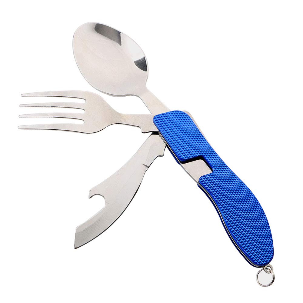 Lot de 2 couverts de camping 4 en 1 - Couverts pliants - Acier inoxydable - Extérieur - Couteau, fourchette, cuillère, décapsuleur (bleu)