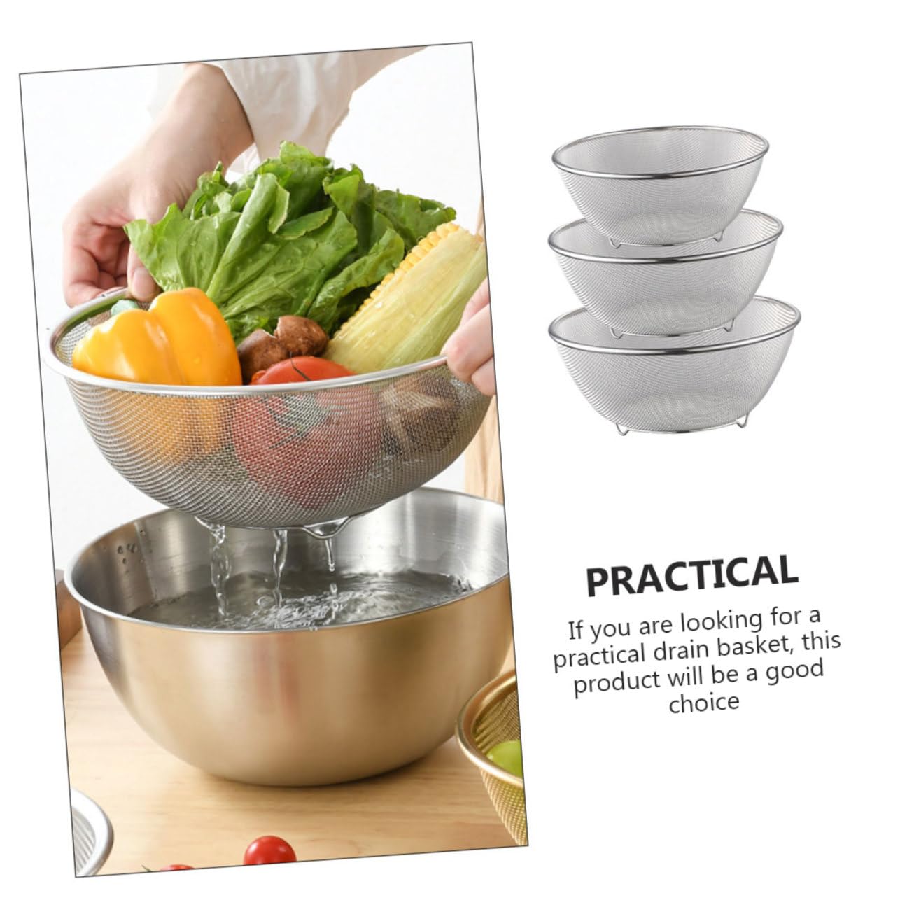 Scolapasta da Lavandino in Acciaio Inossidabile, Rete Inox a Maglia Fine, Set per Frutta, Verdura e Riso, Filtro Acqua
