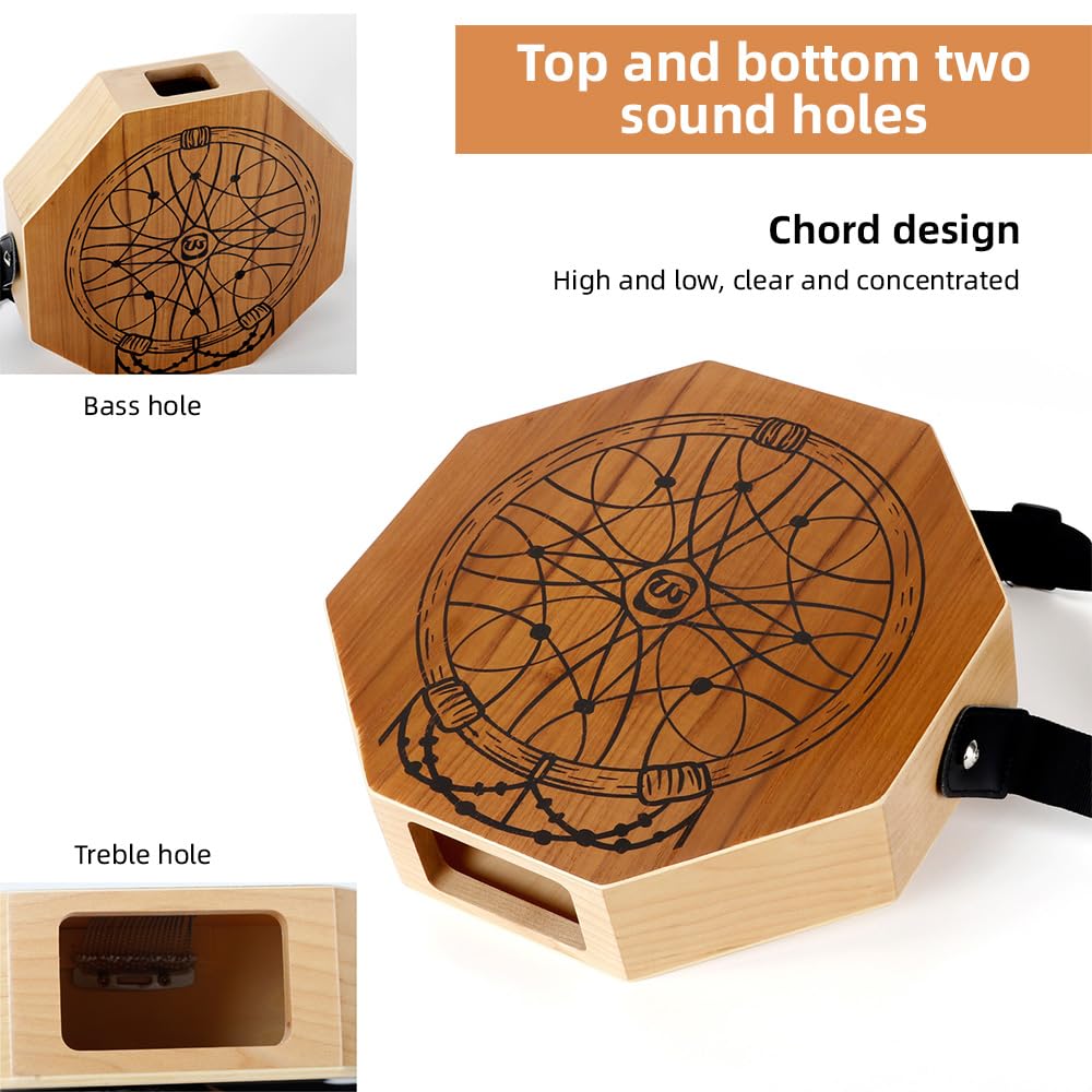Tamburo Portatile Cajon in Legno Teak e Betulla, Strumento a Percussione Manuale Ottagonale a 2 Toni con Tracolla Regolabile, Ideale per Principianti e Performance in Viaggio