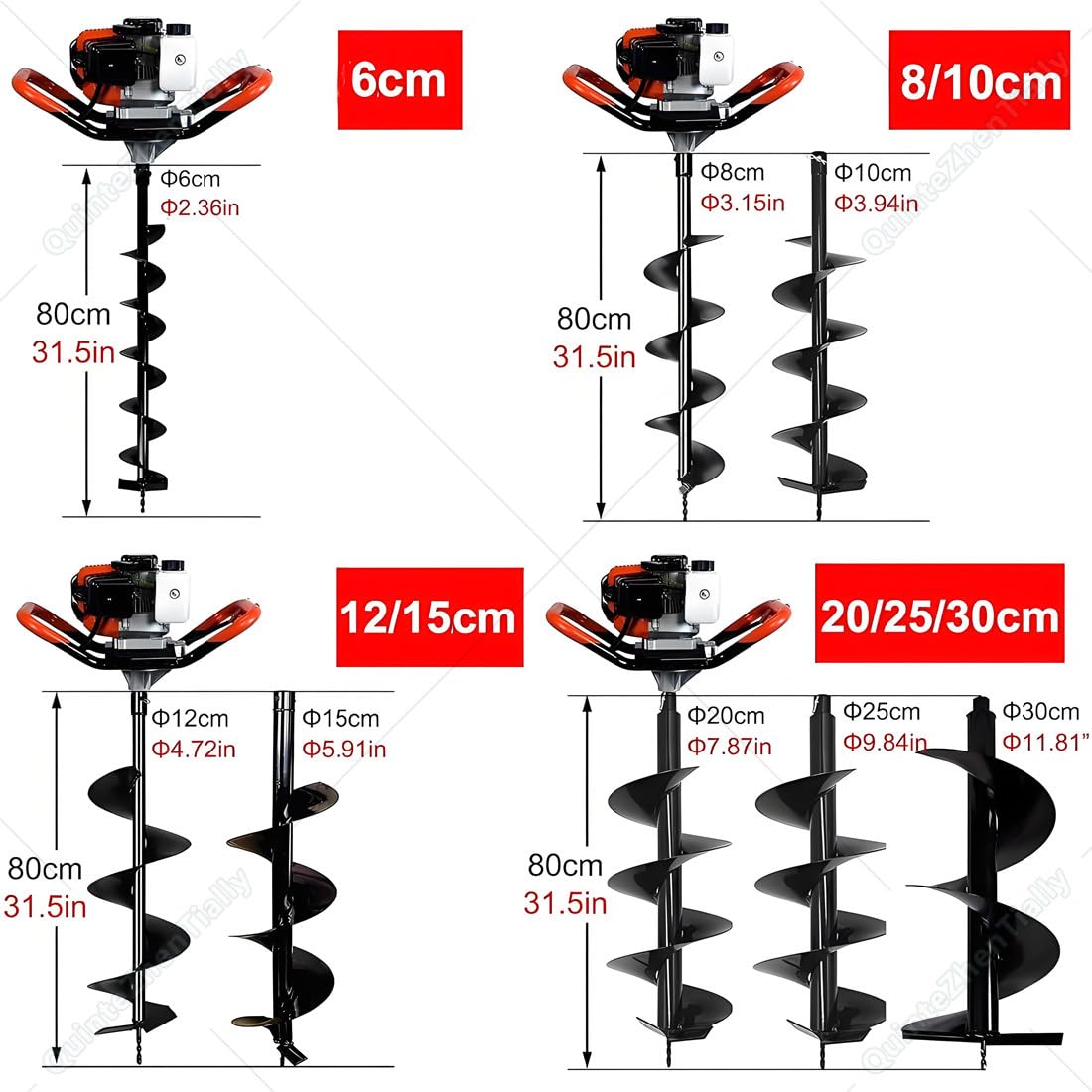 Excavadora Agujeros Postes,Taladro Tierra Gasolina,Perforación Agujeros Broca,Longitud Broca 80 Cm / 31,5 Pulgadas,para Jardín,Valla,Granja Plantas Árboles 30CM