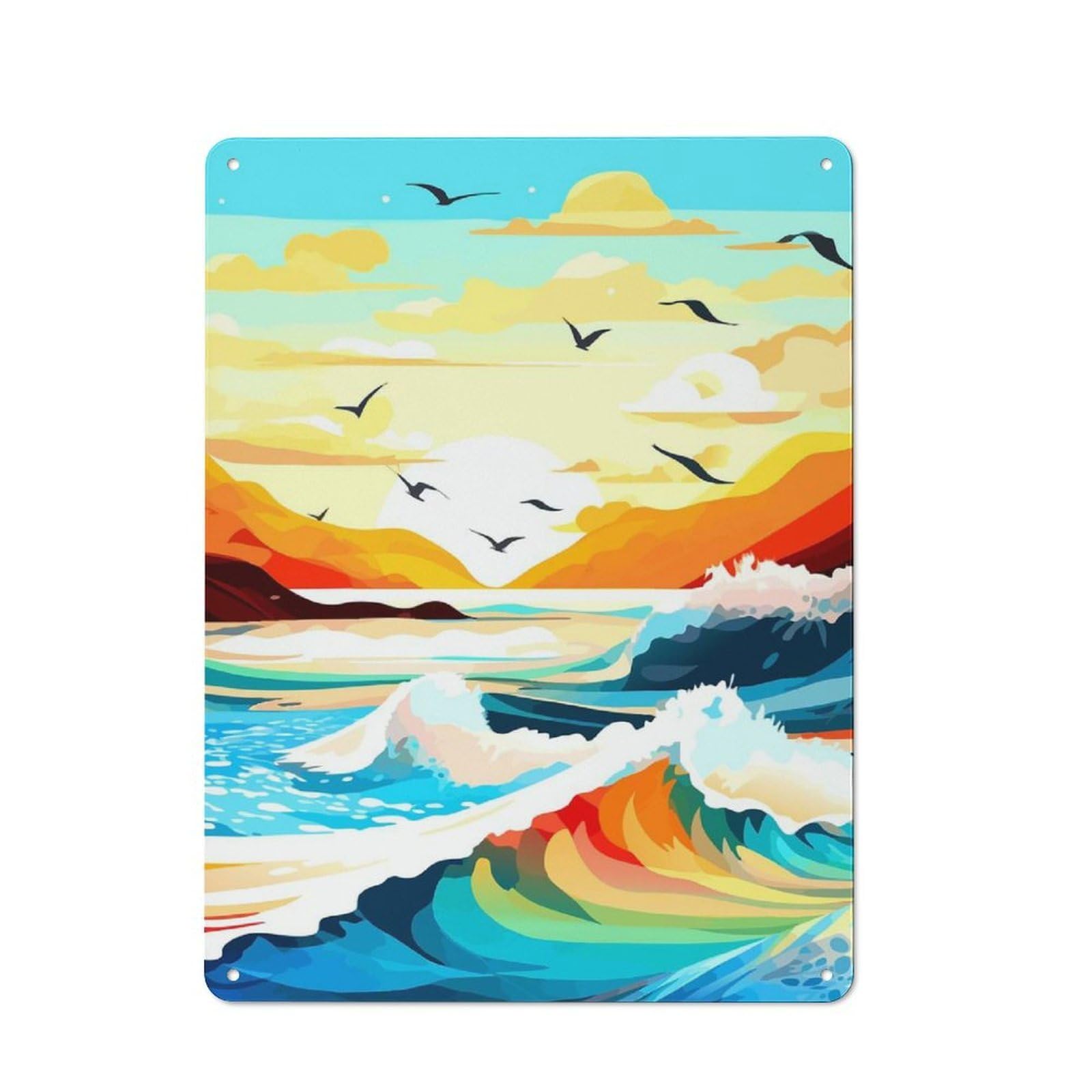 Junmoney Colorful Ocean Waves And Birds Garage Metal Sign 40X30cm, Retro Workshop Wall Decor For Tool Room, Garage, Studio Or Home Bar
