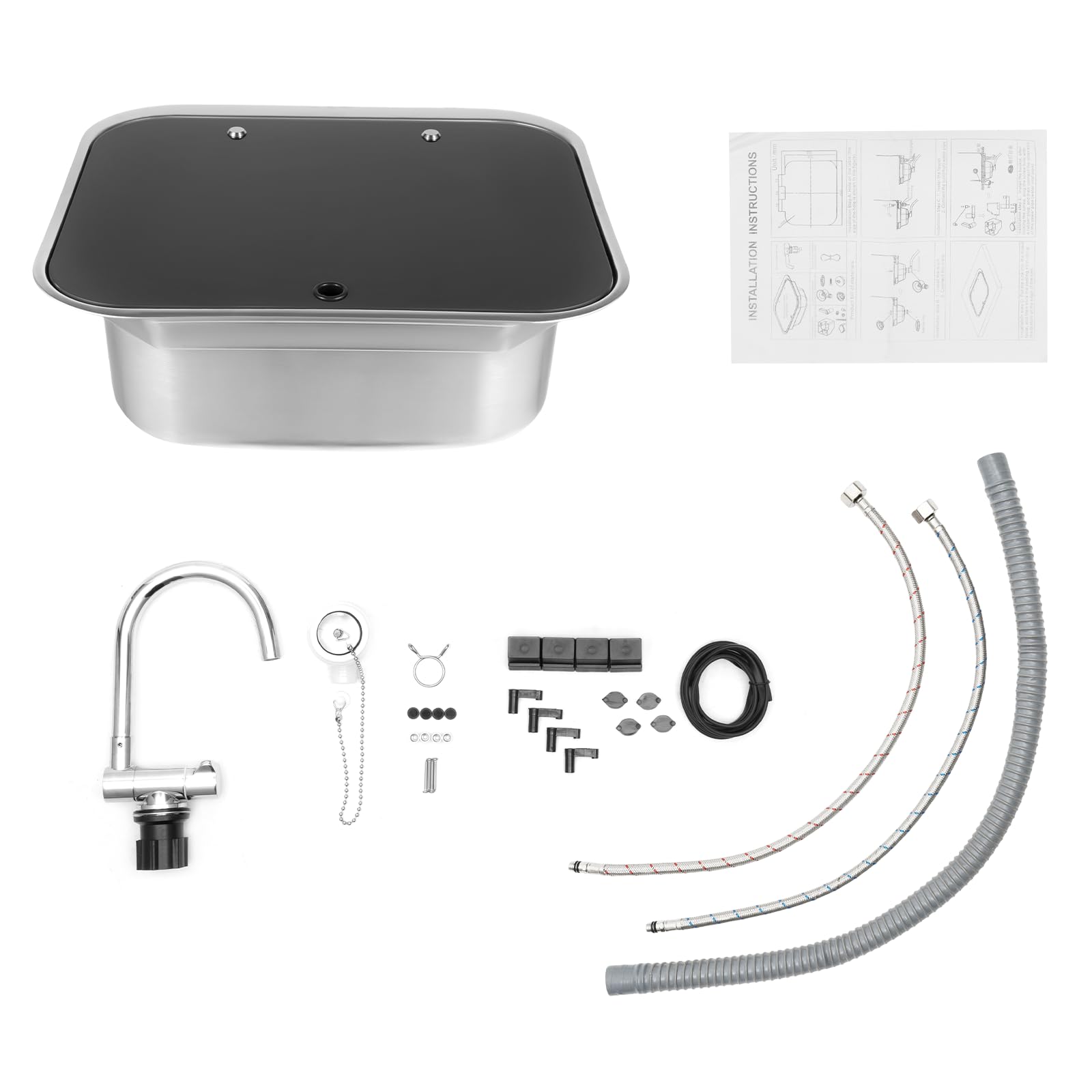 Lavandino Pieghevole Con Rubinetto per Acqua Fredda - Set per Roulotte, Barca, Camper in Acciaio Inox Con Accessori